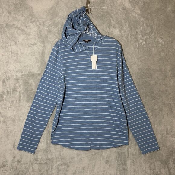 NWT Vince Hooded Shirt Medium Long Sleeve Light Blue Striped Preppy Old Money - Picture 1 of 12